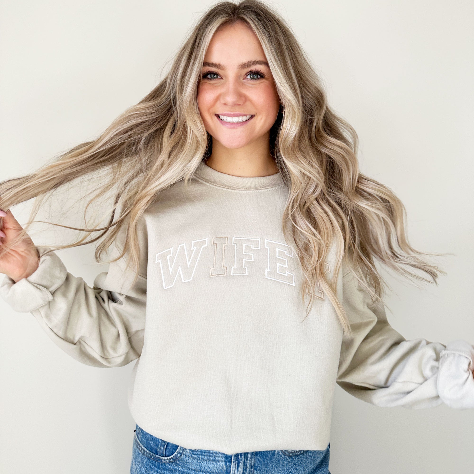 Neutral Embroidered WIFEY Athletic Block Gemma Sweatshirt Neutral Embroidered WIFEY Athletic Block Gemma Sweatshirt