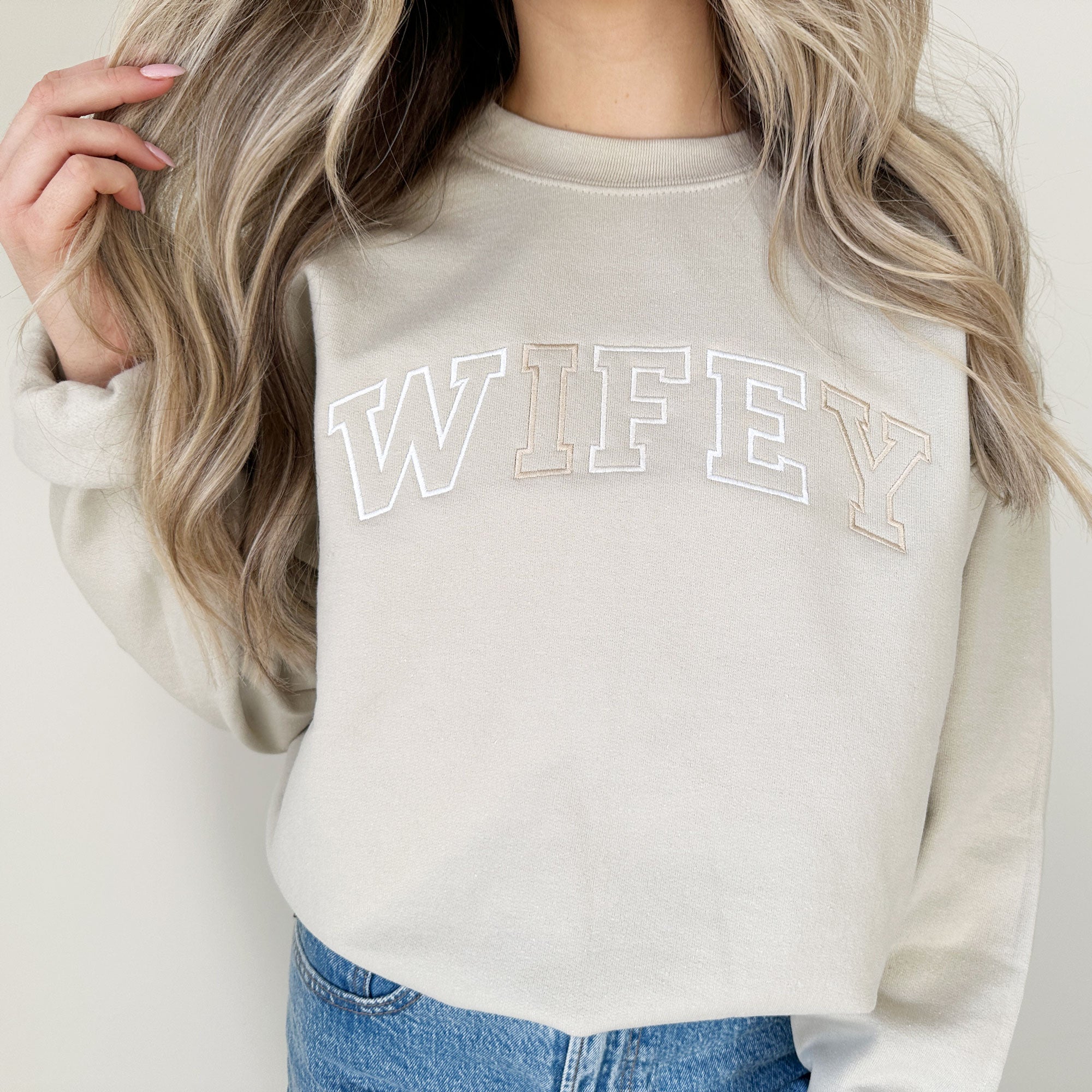 Neutral Embroidered WIFEY Athletic Block Gemma Sweatshirt Neutral Embroidered WIFEY Athletic Block Gemma Sweatshirt