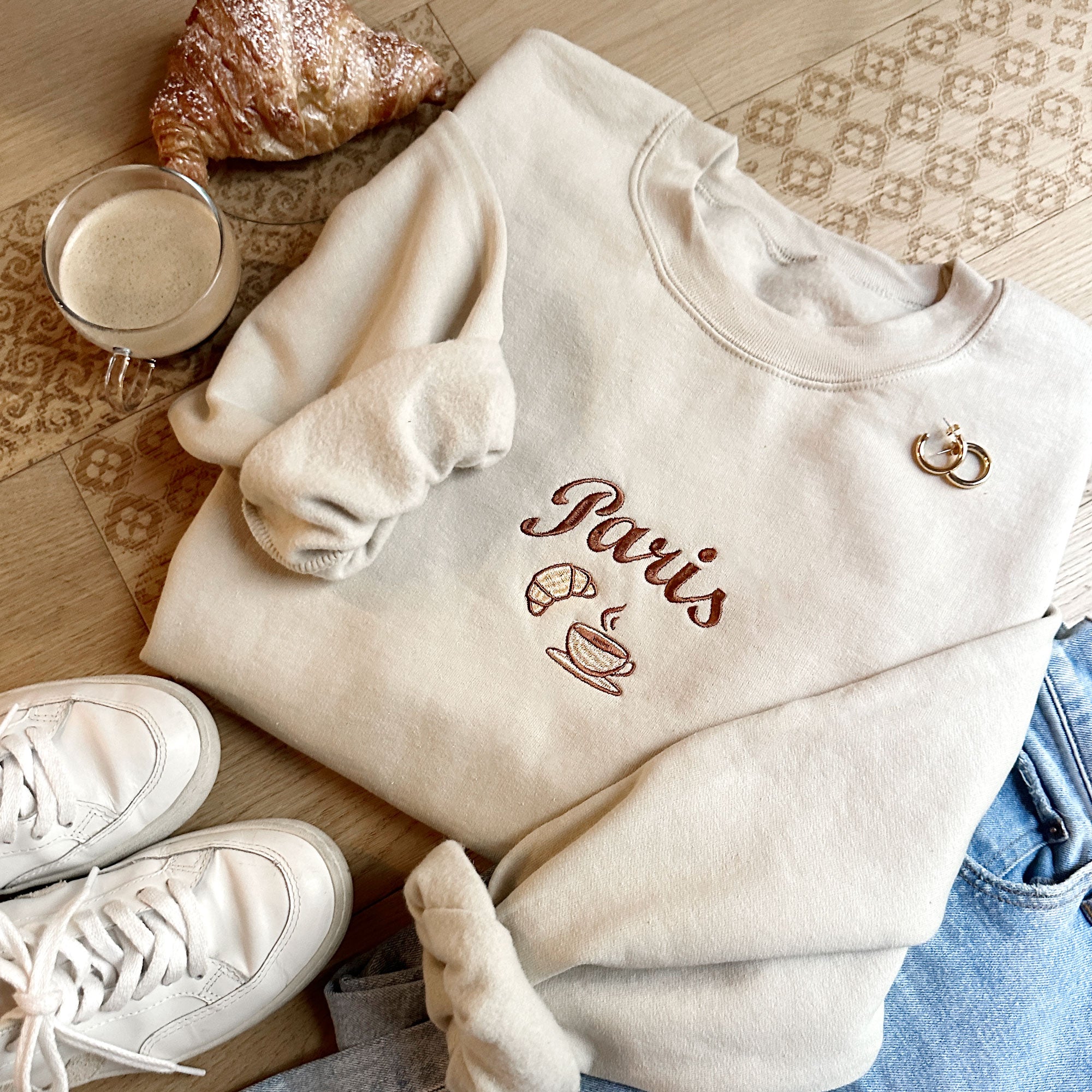 Embroidered Paris France Sweatshirt | French Croissant Sweatshirt Embroidered Paris France Sweatshirt | French Croissant Sweatshirt