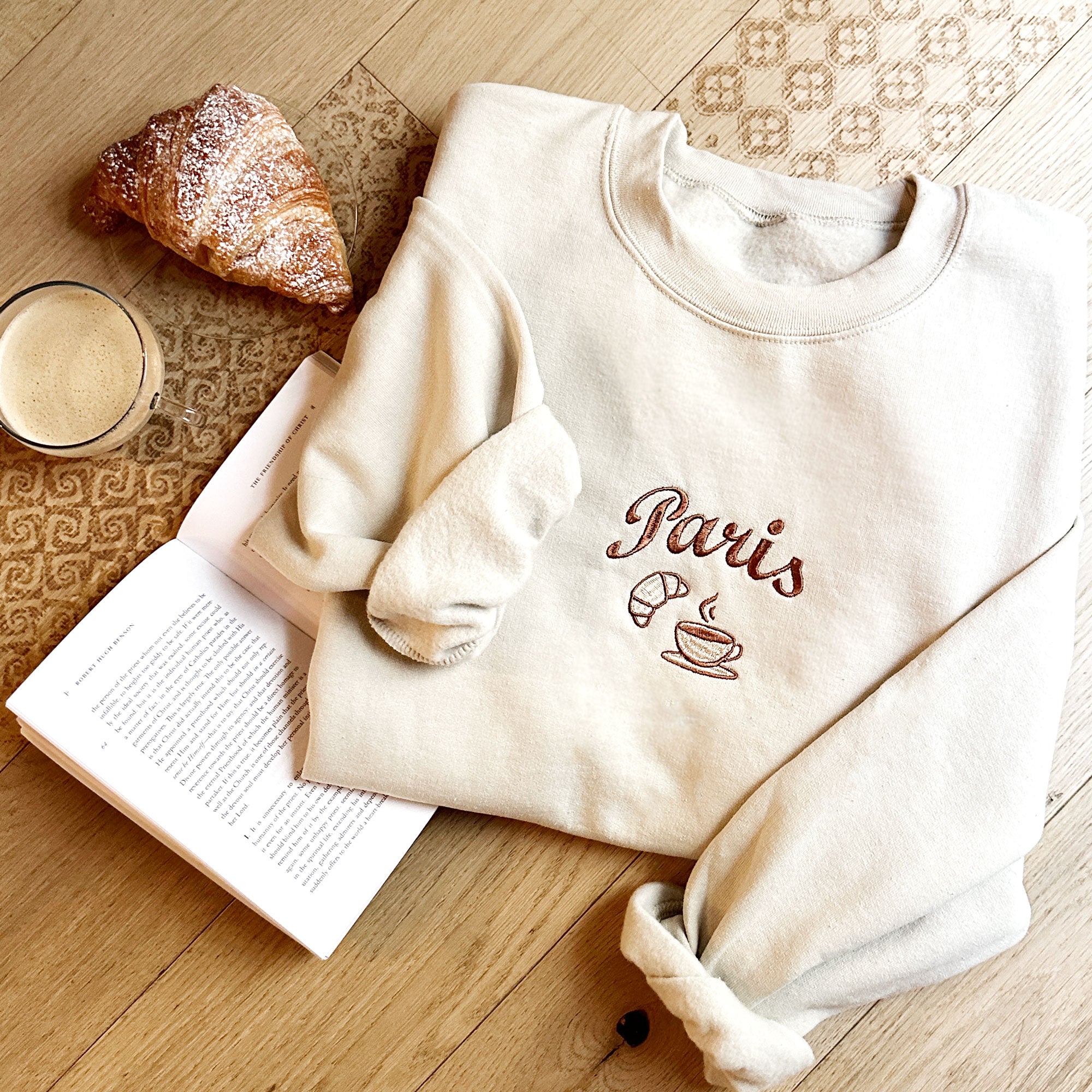 Embroidered Paris France Sweatshirt | French Croissant Sweatshirt Embroidered Paris France Sweatshirt | French Croissant Sweatshirt