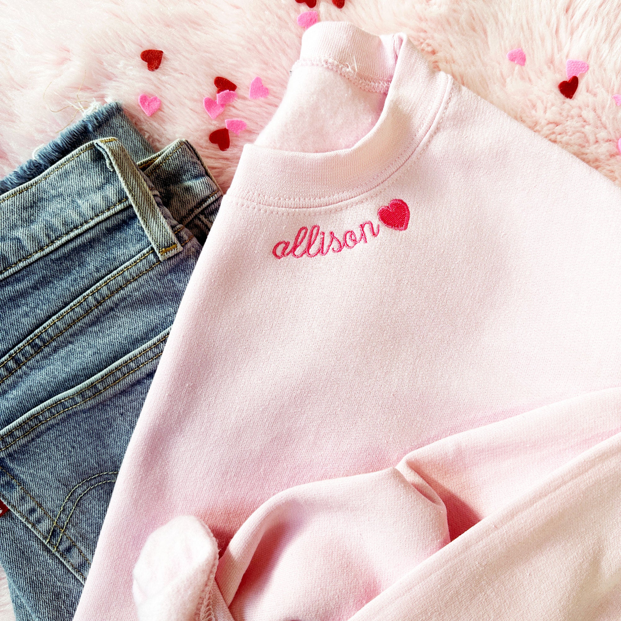 Curved Neckline Name and Heart Embroidered Gemma Sweatshirt Curved Neckline Name and Heart Embroidered Gemma Sweatshirt