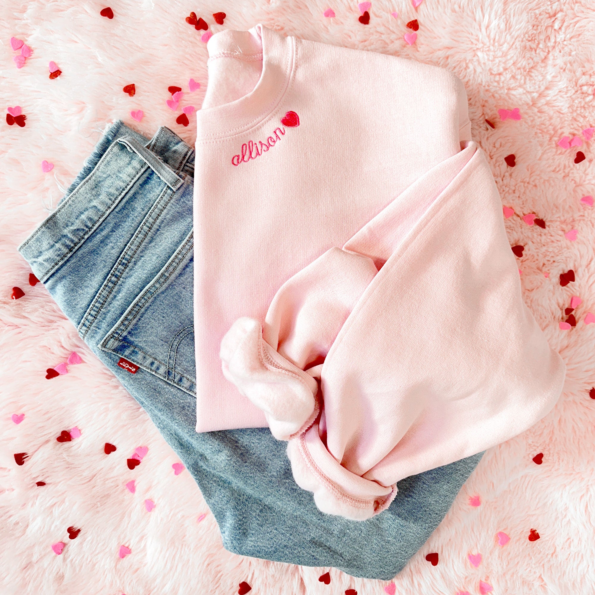 Curved Neckline Name and Heart Embroidered Gemma Sweatshirt Curved Neckline Name and Heart Embroidered Gemma Sweatshirt