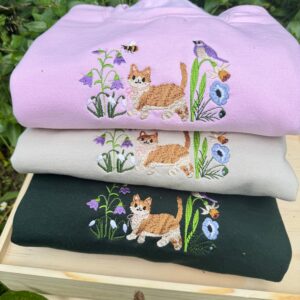 Cute Cat in Wildflower Garden Embroidered Sweatshirt