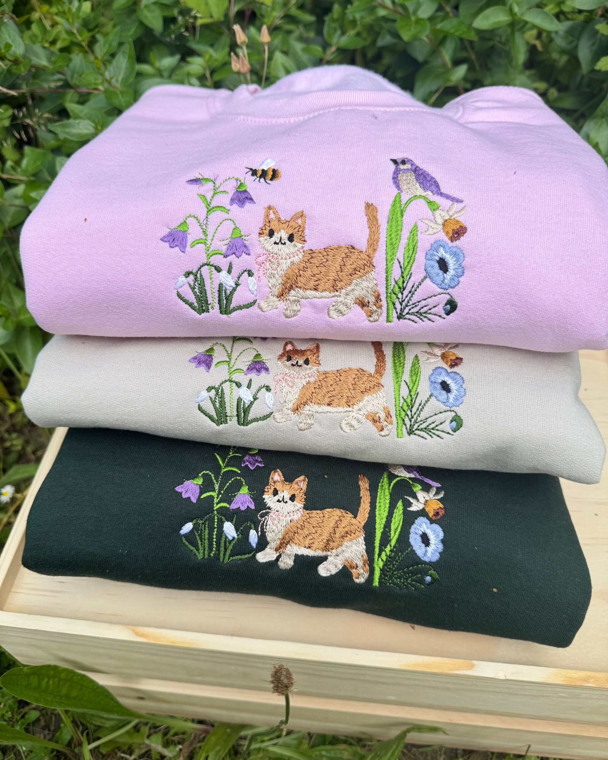 Cute Cat in Wildflower Garden Embroidered Sweatshirt Cute Cat in Wildflower Garden Embroidered Sweatshirt