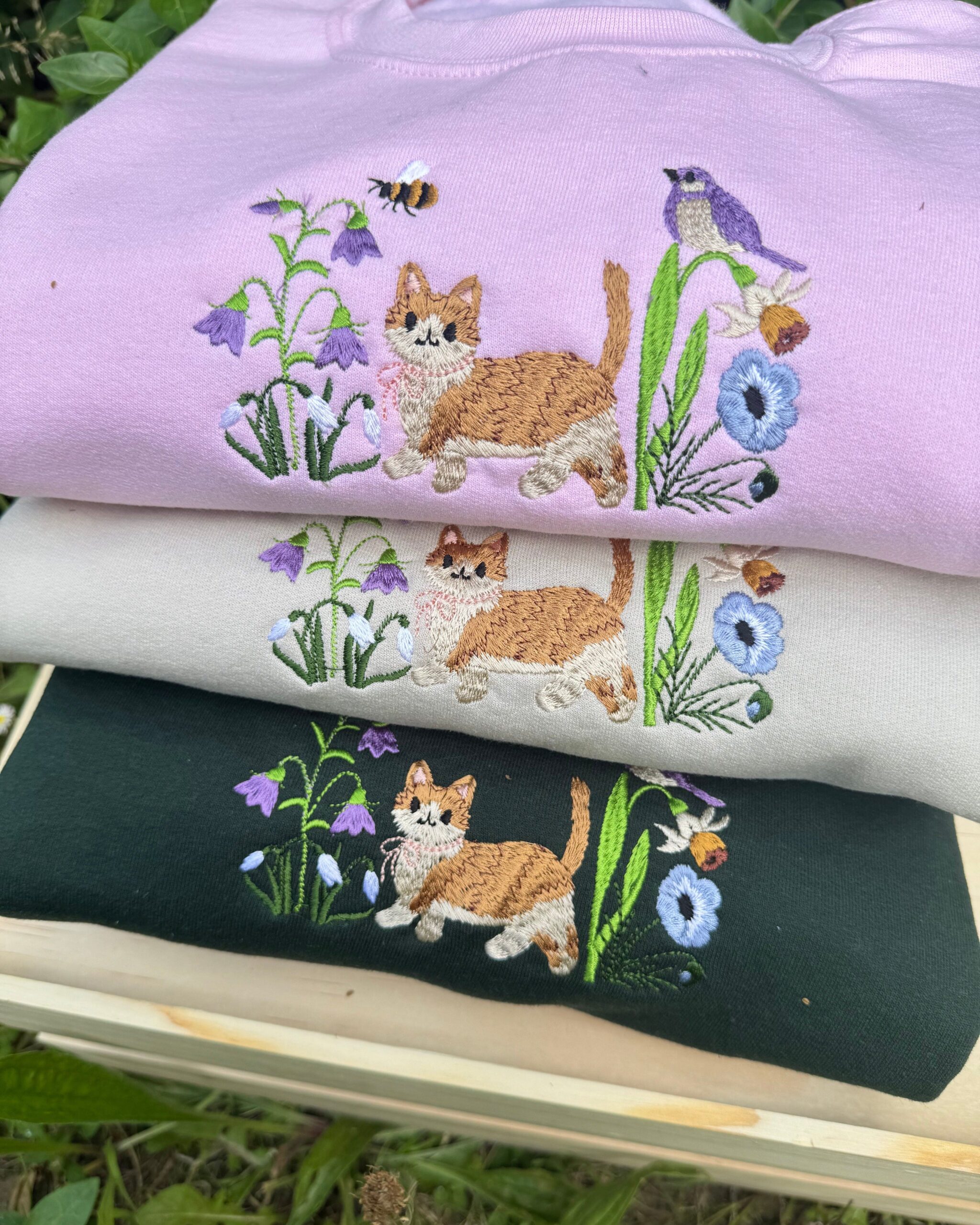 Cute Cat in Wildflower Garden Embroidered Sweatshirt Cute Cat in Wildflower Garden Embroidered Sweatshirt
