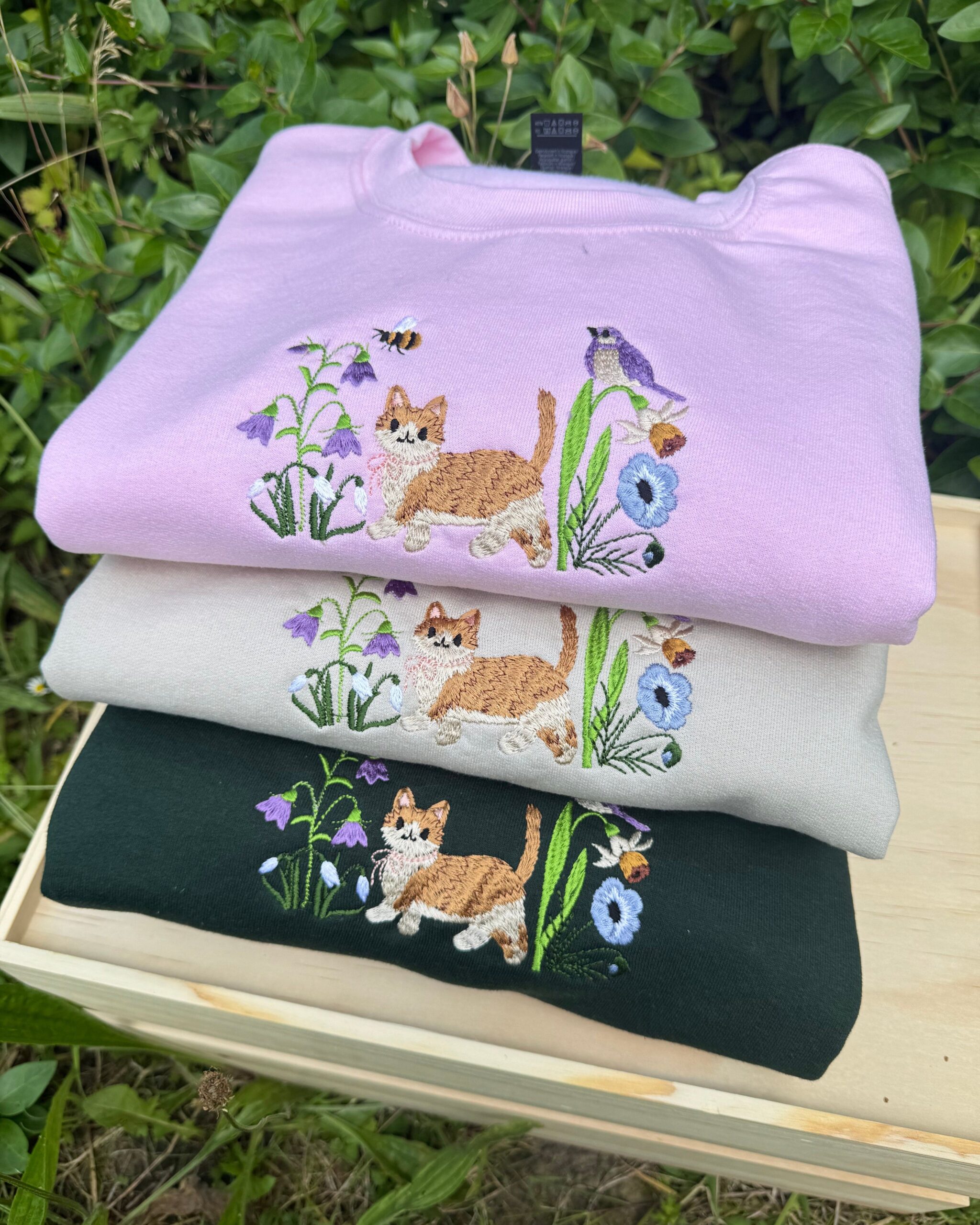 Cute Cat in Wildflower Garden Embroidered Sweatshirt Cute Cat in Wildflower Garden Embroidered Sweatshirt
