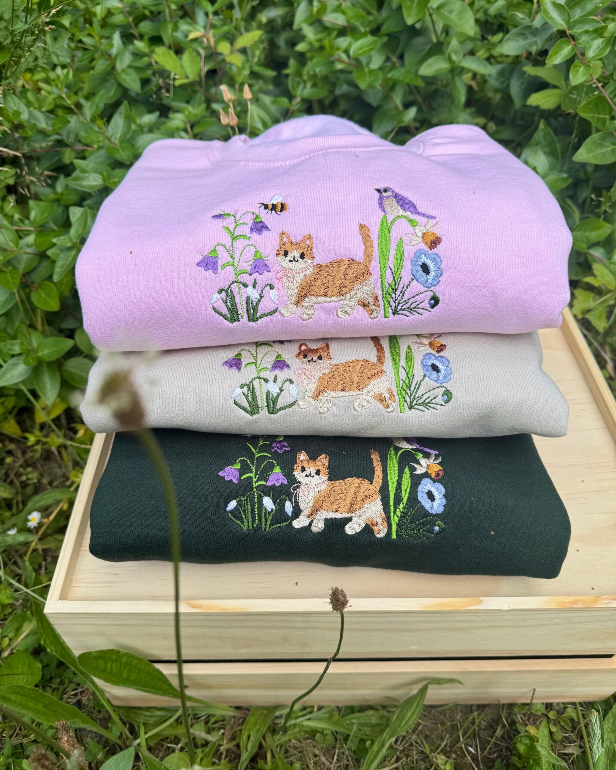 Cute Cat in Wildflower Garden Embroidered Sweatshirt Cute Cat in Wildflower Garden Embroidered Sweatshirt