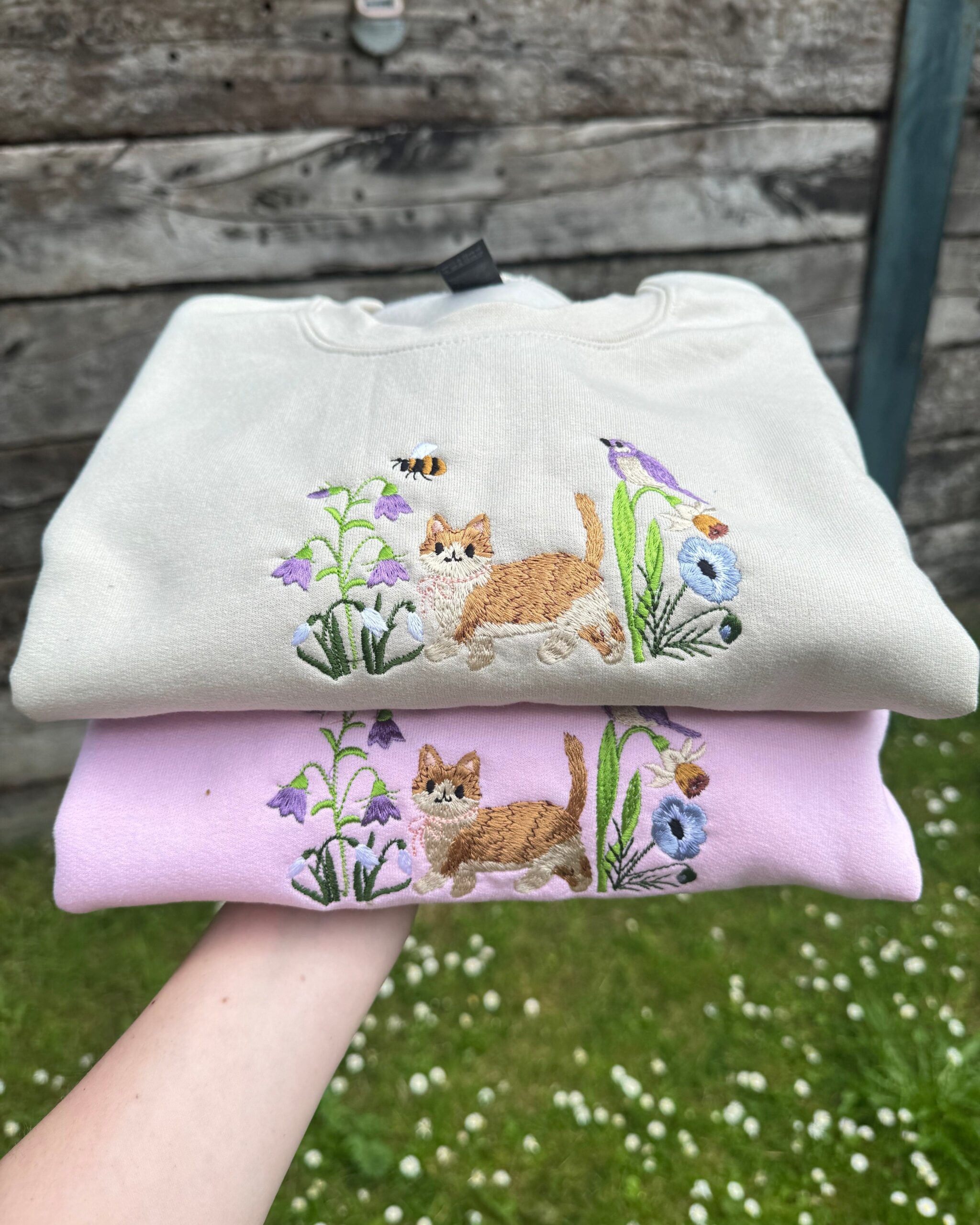 Cute Cat in Wildflower Garden Embroidered Sweatshirt Cute Cat in Wildflower Garden Embroidered Sweatshirt
