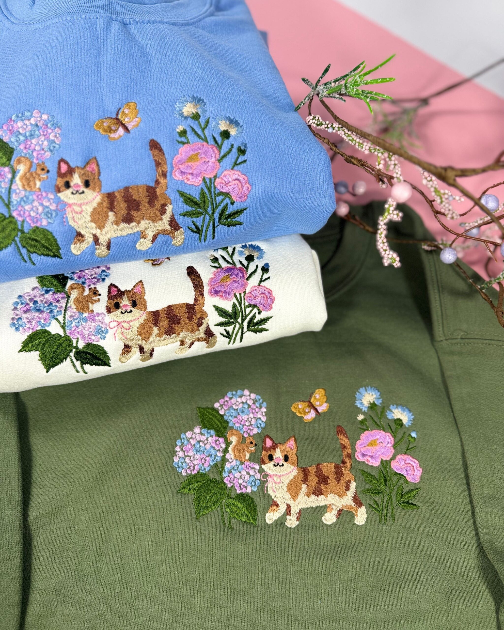 Cottagecore Cat in Wildflowers Embroidered Sweatshirt Cottagecore Cat in Wildflowers Embroidered Sweatshirt