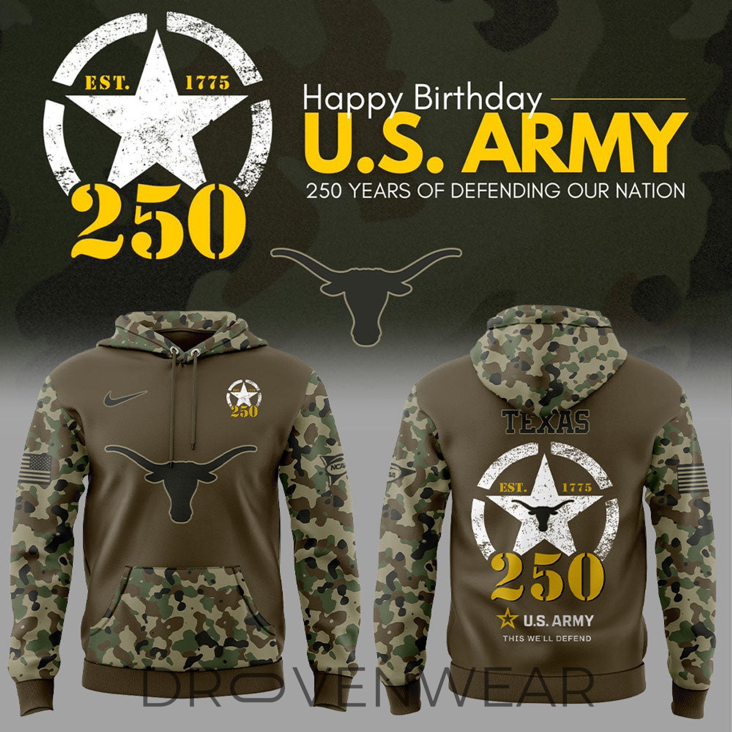 Texas Longhorns U.S. Army 250th Celebration Graphic Hoodie Texas Longhorns U.S. Army 250th Celebration Graphic Hoodie