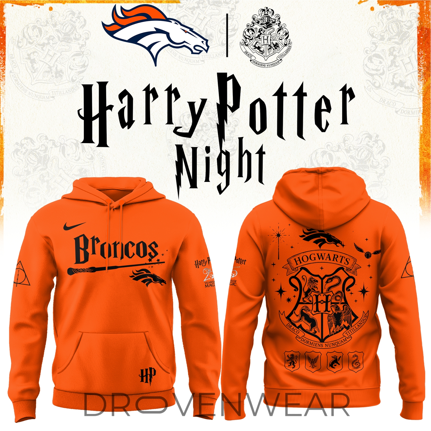 Denver Broncos Harry Potter 25th Anniversary Navy Orange Alternate Hoodie 2026 Denver Broncos Harry Potter 25th Anniversary Navy Orange Alternate Hoodie 2026