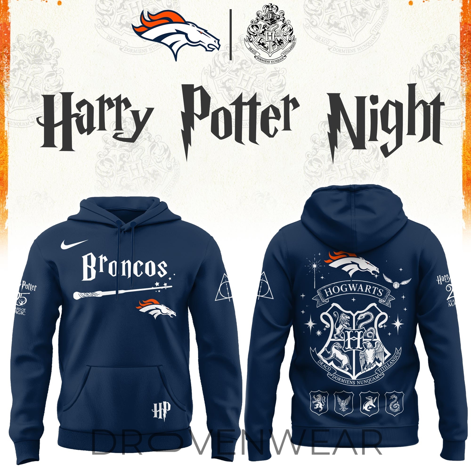 Denver Broncos Harry Potter 25th Anniversary Navy Orange Alternate Hoodie 2026 Denver Broncos Harry Potter 25th Anniversary Navy Orange Alternate Hoodie 2026