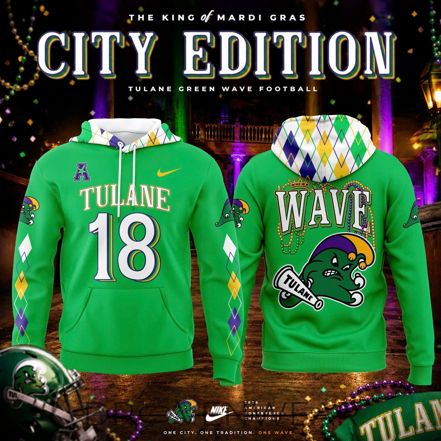 Tulane Green Wave Devon Walker #18 Mardi Gras City Edition Football Hoodie Tulane Green Wave Devon Walker #18 Mardi Gras City Edition Football Hoodie