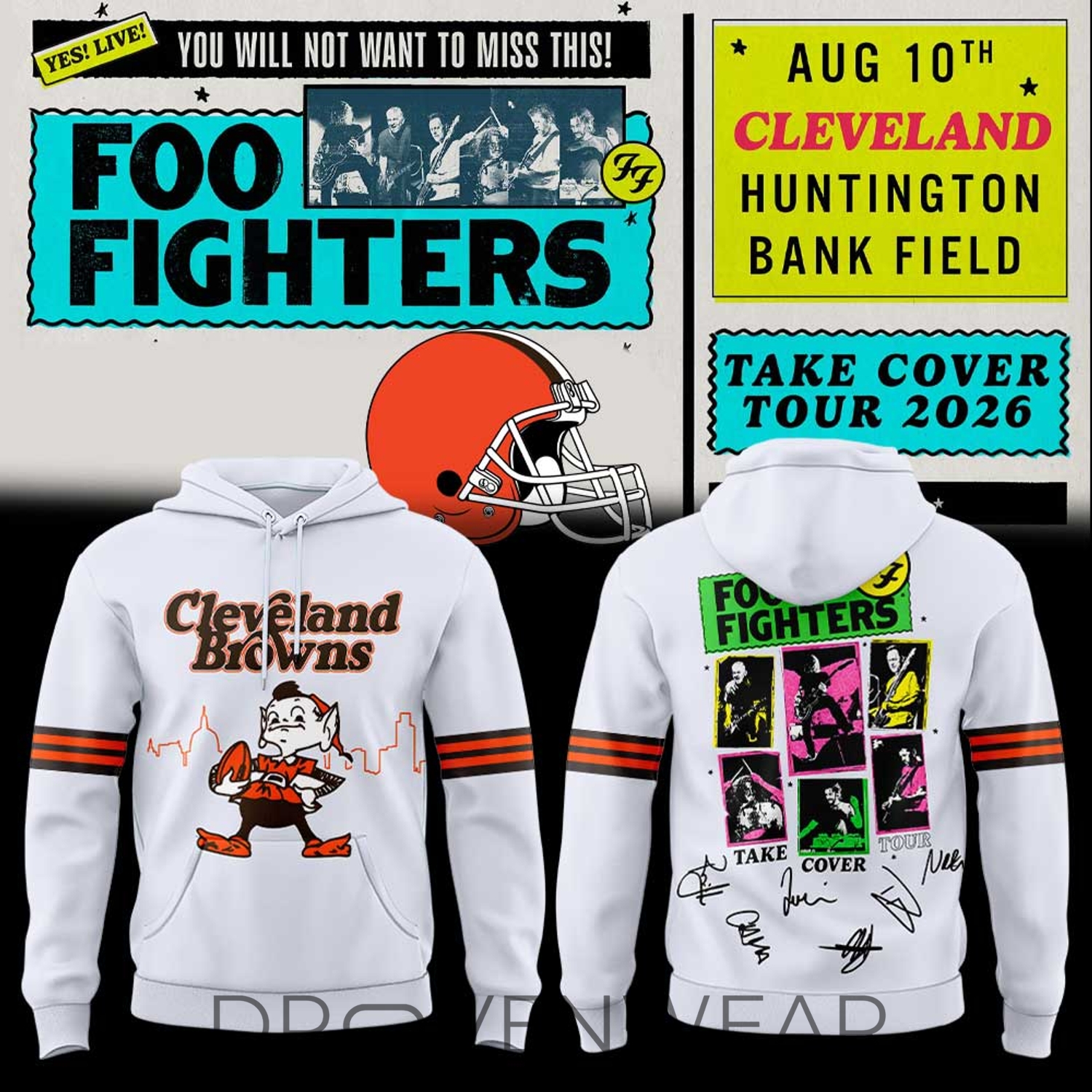 Foo Fighters X Cleveland Browns – Take Cover Tour 2026 White Hoodie Ver2 Foo Fighters X Cleveland Browns – Take Cover Tour 2026 White Hoodie Ver2