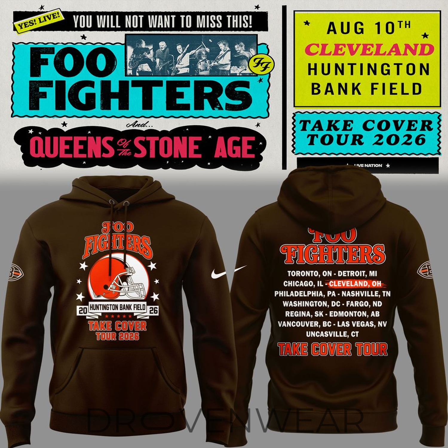 Foo Fighters X Cleveland Browns – Take Cover Tour 2026 Brown Hoodie Foo Fighters X Cleveland Browns – Take Cover Tour 2026 Brown Hoodie