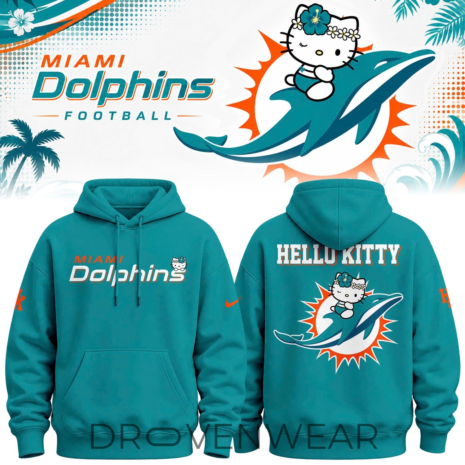 Miami Dolphins X Hello Kitty 2026 Marine Blue Special Hoodie Miami Dolphins X Hello Kitty 2026 Marine Blue Special Hoodie