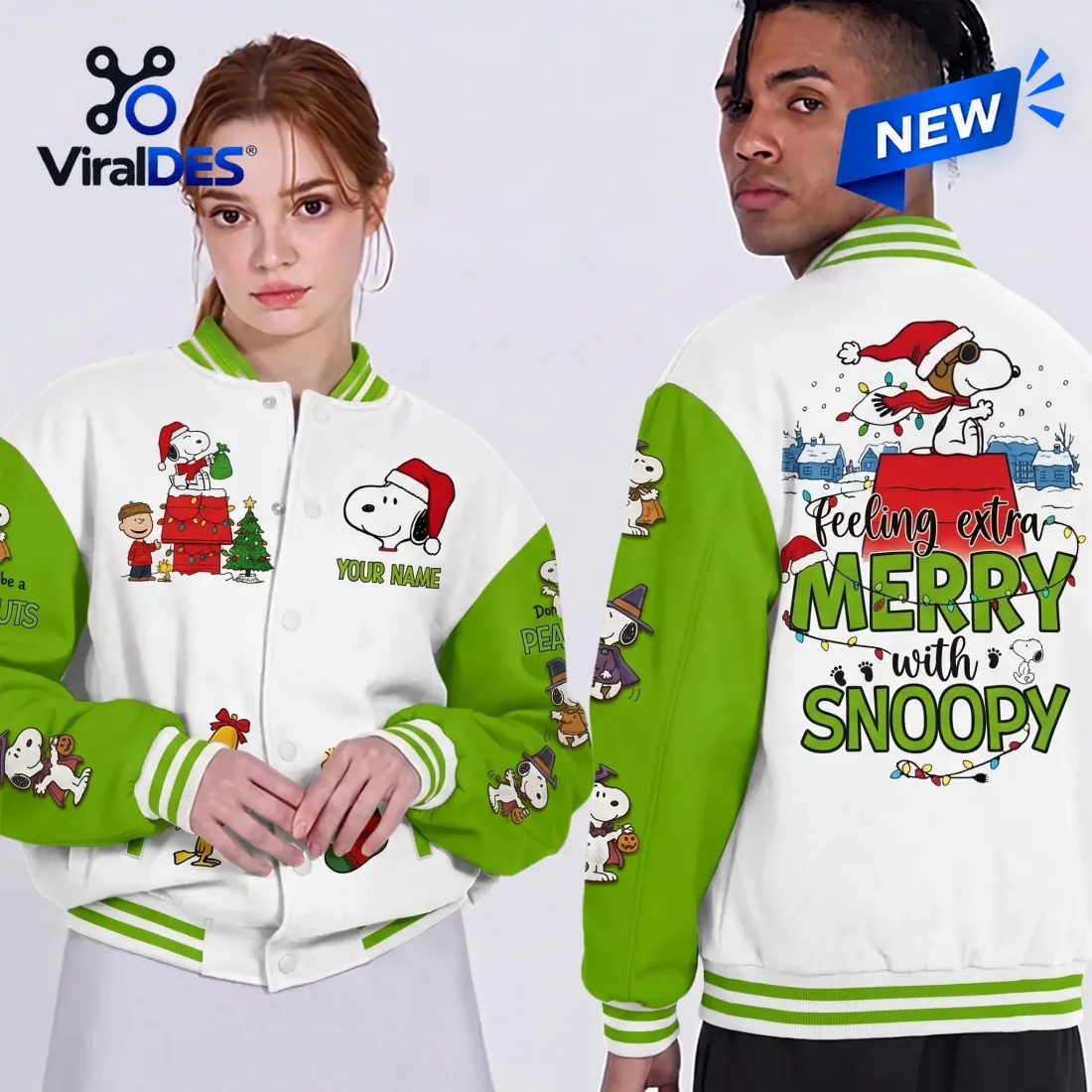 Snoopy Christmas Personalized Green Varsity Jacket Snoopy Christmas Personalized Green Varsity Jacket