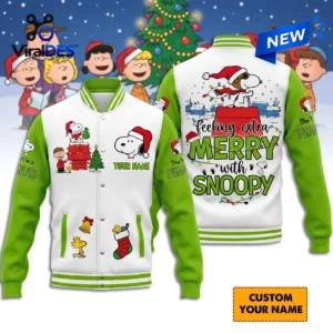 Snoopy Christmas Personalized Green Varsity Jacket 1 snoopy christmas personalized green varsity jacket 02 streetwear style.webp