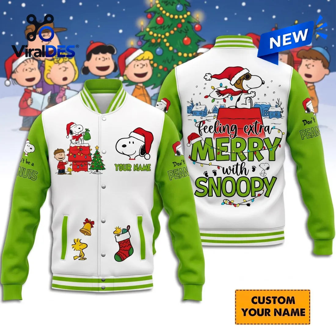 Snoopy Christmas Personalized Green Varsity Jacket Snoopy Christmas Personalized Green Varsity Jacket
