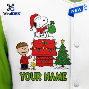 Snoopy Christmas Personalized Green Varsity Jacket 2 snoopy christmas personalized green varsity jacket 03 casual wear look.webp