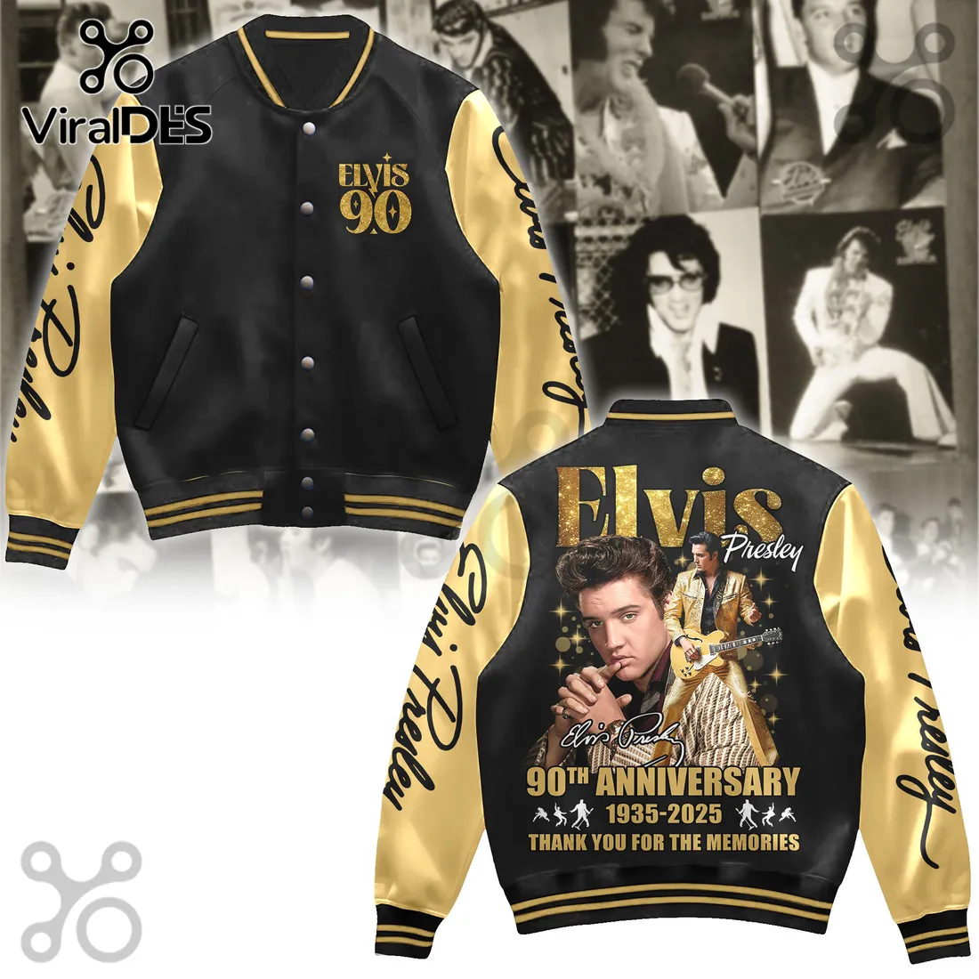 Elvis Presley 90th Anniversary Black Gold Baseball Jacket Elvis Presley 90th Anniversary Black Gold Baseball Jacket
