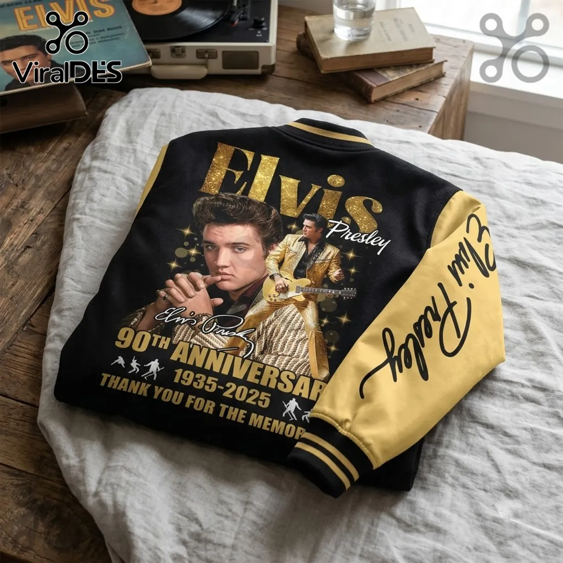 Elvis Presley 90th Anniversary Black Gold Baseball Jacket Elvis Presley 90th Anniversary Black Gold Baseball Jacket