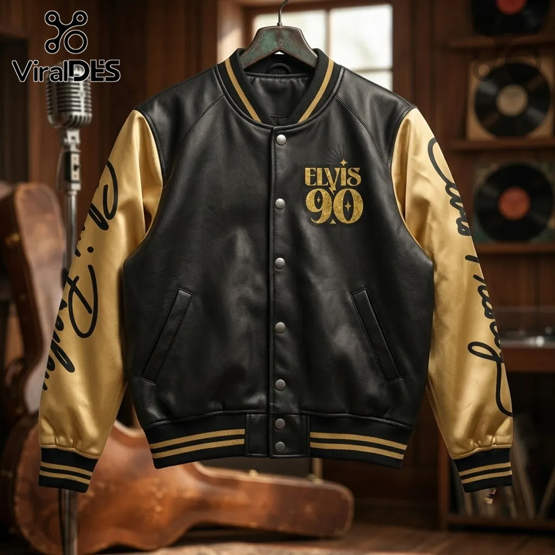 Elvis Presley 90th Anniversary Black Gold Baseball Jacket Elvis Presley 90th Anniversary Black Gold Baseball Jacket