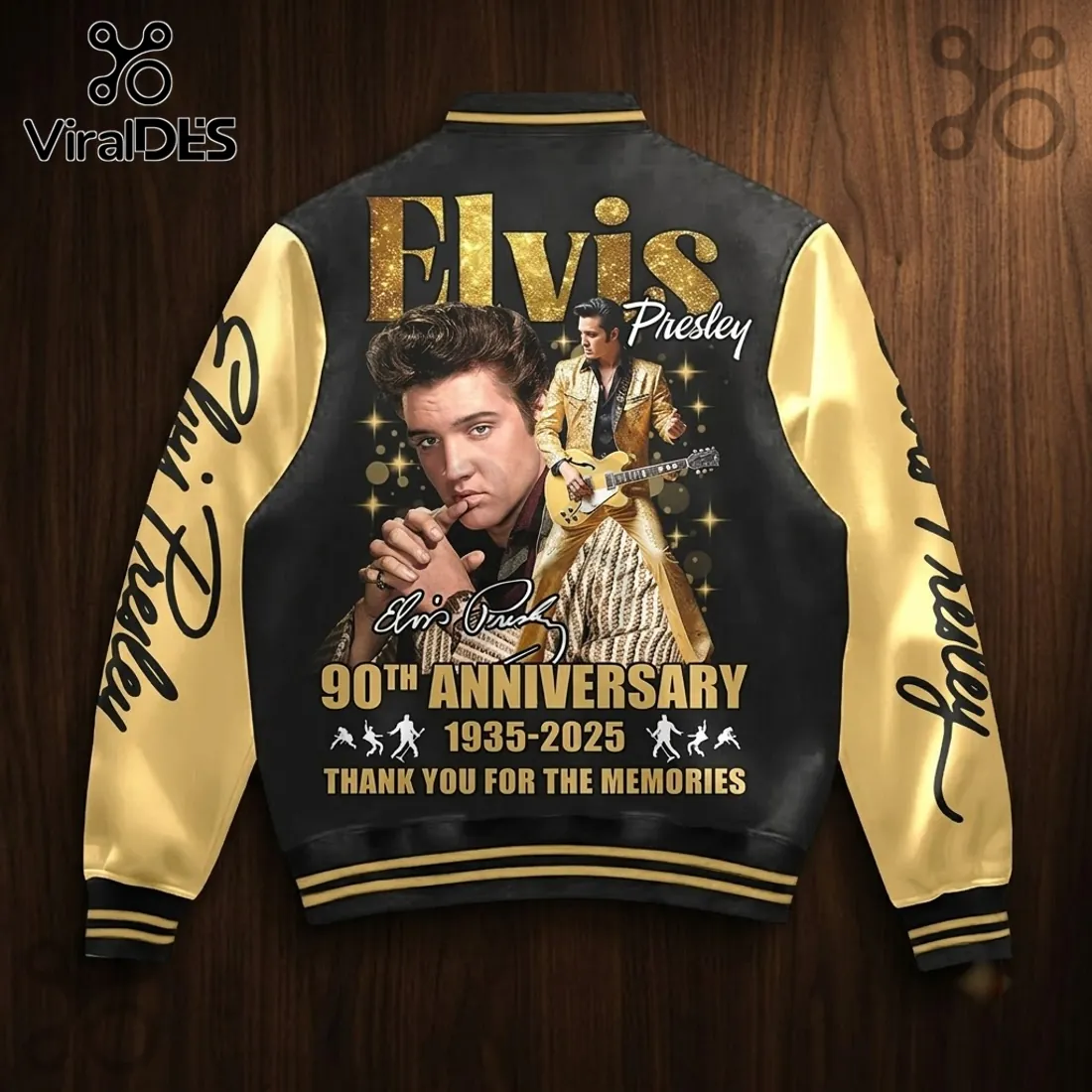 Elvis Presley 90th Anniversary Black Gold Baseball Jacket Elvis Presley 90th Anniversary Black Gold Baseball Jacket