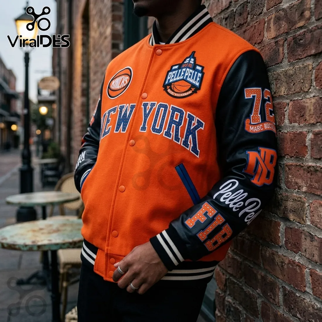 Pelle Pelle New York Knicks Orange Black Varsity Jacket Pelle Pelle New York Knicks Orange Black Varsity Jacket
