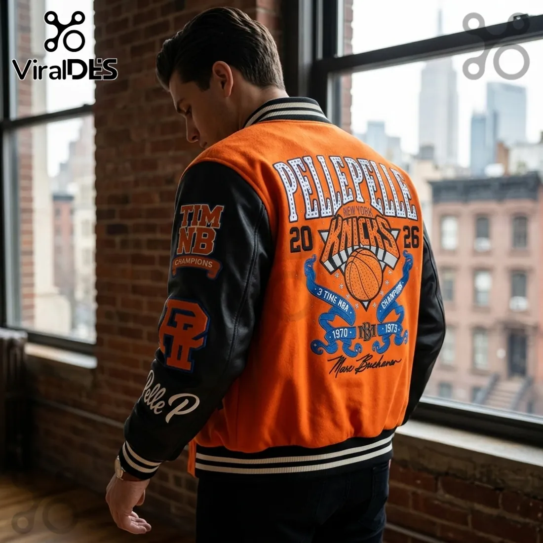 Pelle Pelle New York Knicks Orange Black Varsity Jacket Pelle Pelle New York Knicks Orange Black Varsity Jacket