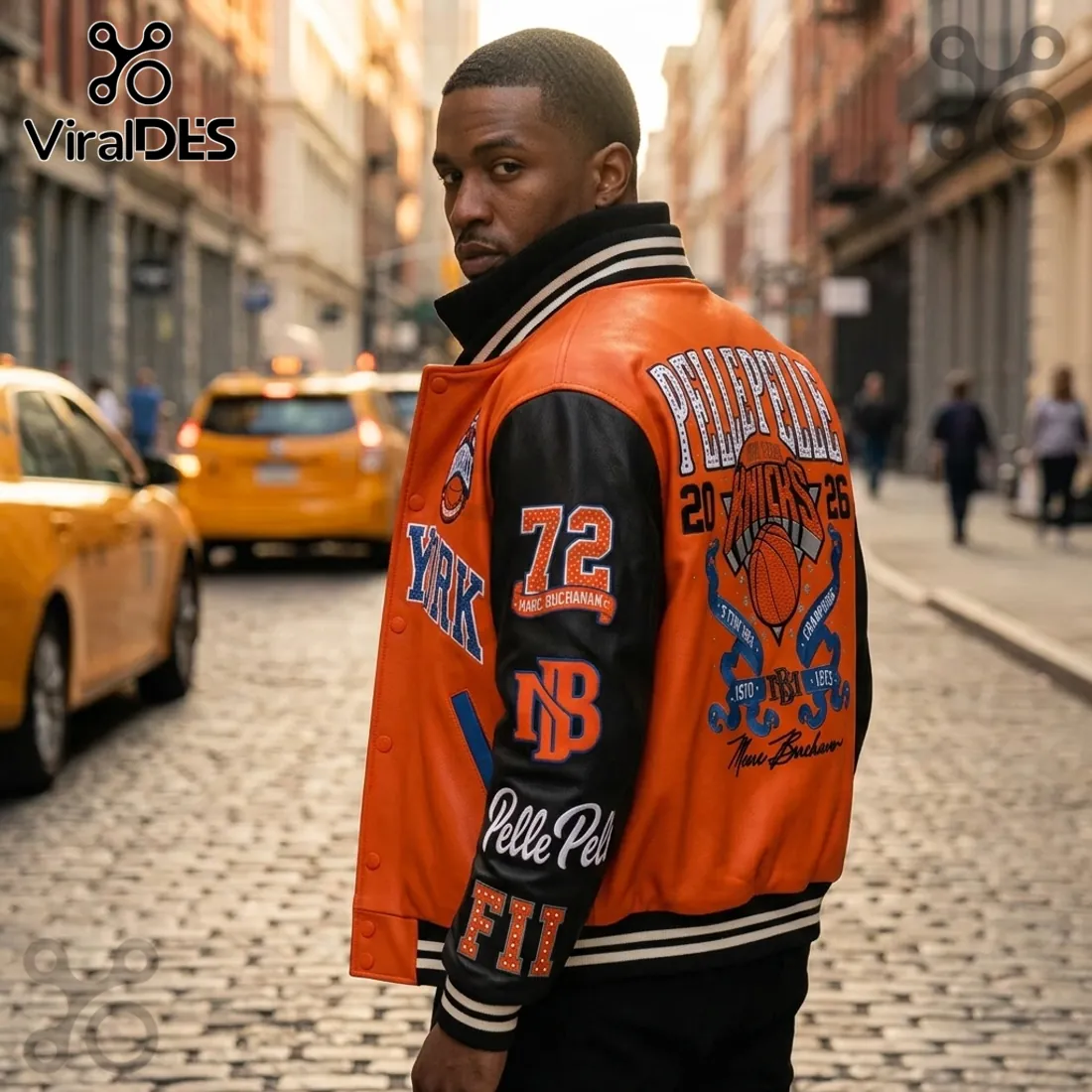 Pelle Pelle New York Knicks Orange Black Varsity Jacket Pelle Pelle New York Knicks Orange Black Varsity Jacket