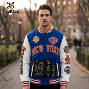 new york knicks 2025 26 nba champions varsity baseball jacket 02 front view.webp