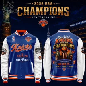 New York Knicks 2026 NBA Champions Royal Blue Bomber Varsity Baseball Jacket