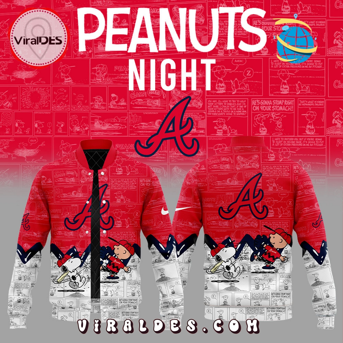 Atlanta Braves 75th Anniversary Peanuts Red Baseball Jacket Atlanta Braves 75th Anniversary Peanuts Red Baseball Jacket