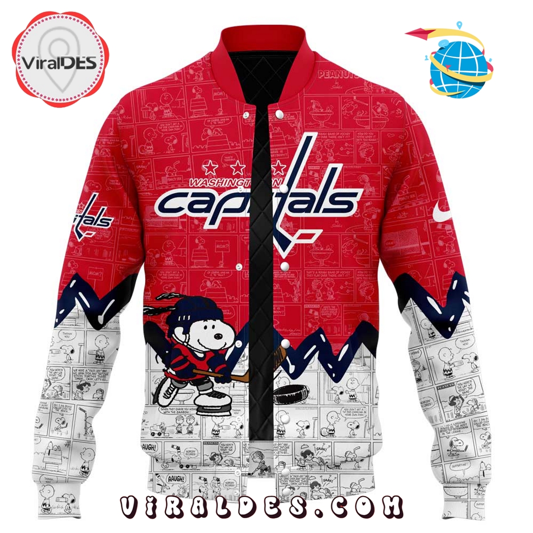 Washington Capitals 75th Anniversary of Peanuts Red Baseball Jacket Washington Capitals 75th Anniversary of Peanuts Red Baseball Jacket
