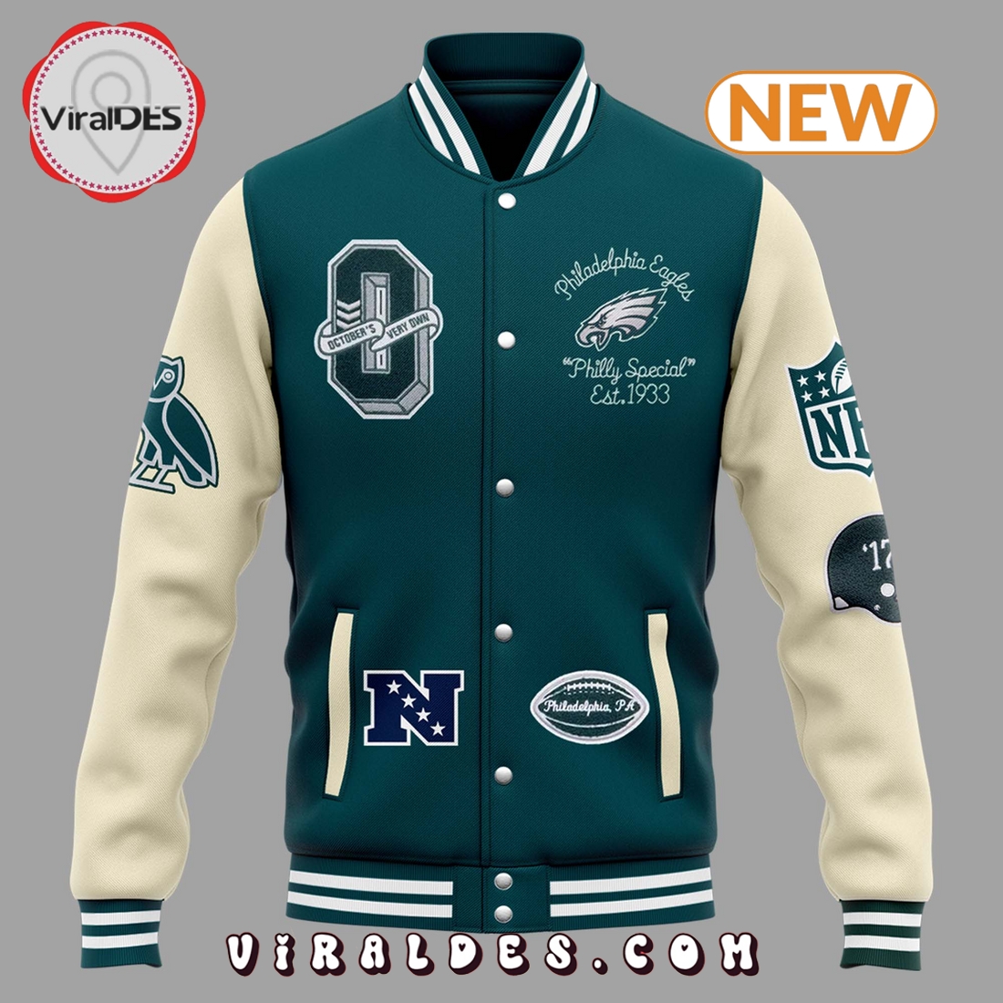 OVO x NFL Midnight Green Philly Special Baseball Jacket OVO x NFL Midnight Green Philly Special Baseball Jacket
