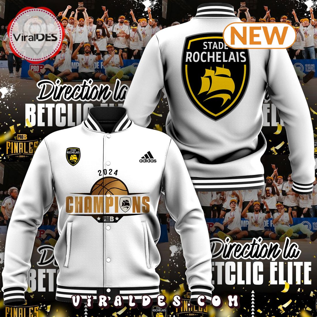 Stade Rochelais Basket CHAMPIONS DE PRO B White Baseball Jacket Stade Rochelais Basket CHAMPIONS DE PRO B White Baseball Jacket
