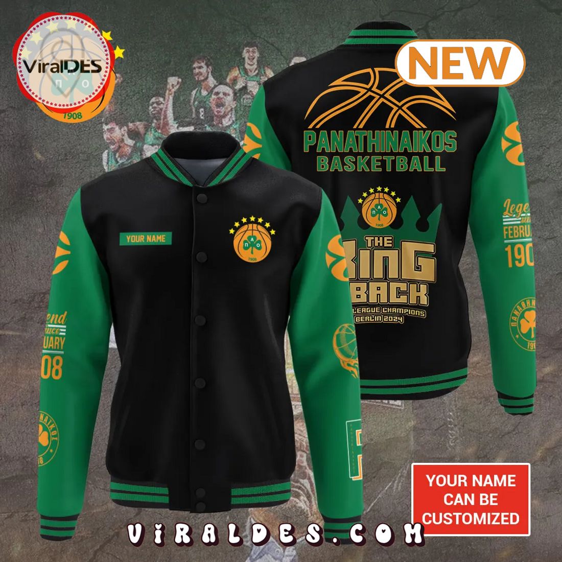 Panathinaikos BC THE KING IS BACK Euroleague Champions Berlin Baseball Jacket Panathinaikos BC THE KING IS BACK Euroleague Champions Berlin Baseball Jacket