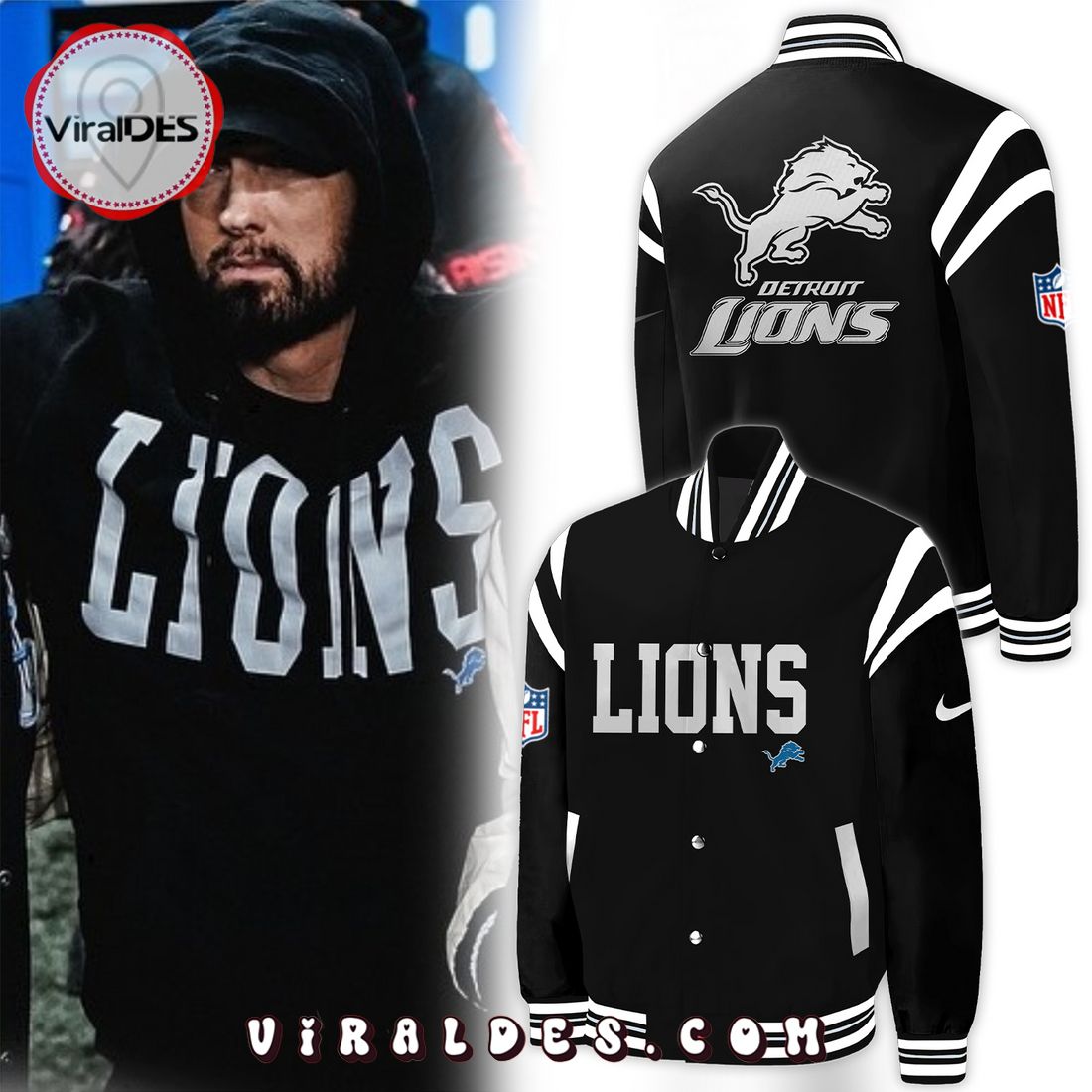 Eminem x Detroit Lions 2023 NFL Playoff Black Baseball Jacket Eminem x Detroit Lions 2023 NFL Playoff Black Baseball Jacket