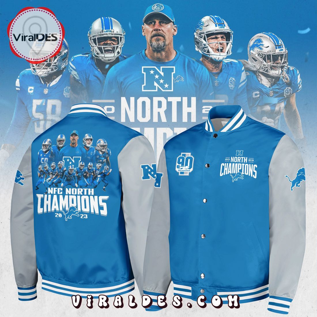 Detroit Lions NFC North Division 2023 Champions Blue Baseball Jacket Detroit Lions NFC North Division 2023 Champions Blue Baseball Jacket