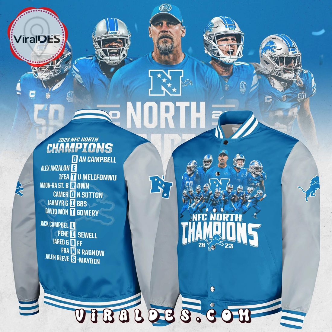 Detroit Lions 2023 NFC North Division Champions Blue Baseball Jacket Detroit Lions 2023 NFC North Division Champions Blue Baseball Jacket