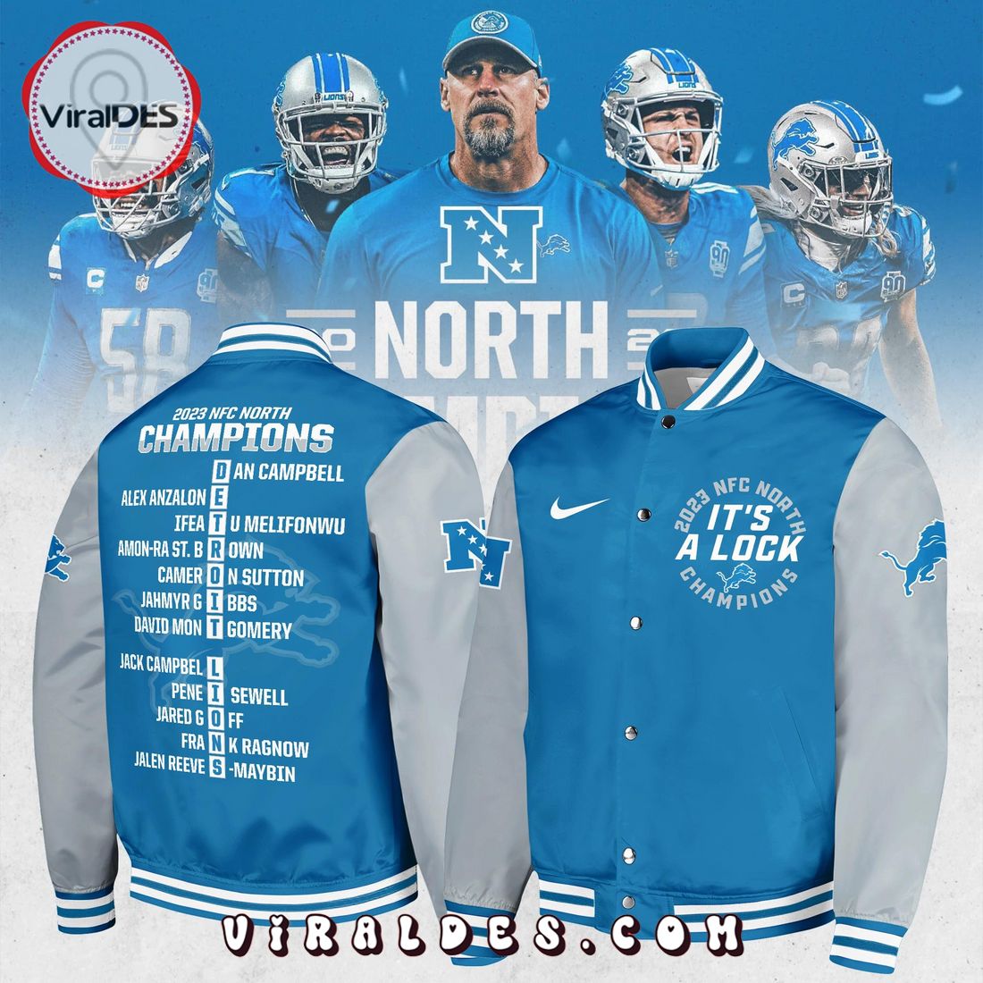 Detroit Lions 2023 It’s A Lock Champions Blue Baseball Jacket Detroit Lions 2023 It’s A Lock Champions Blue Baseball Jacket