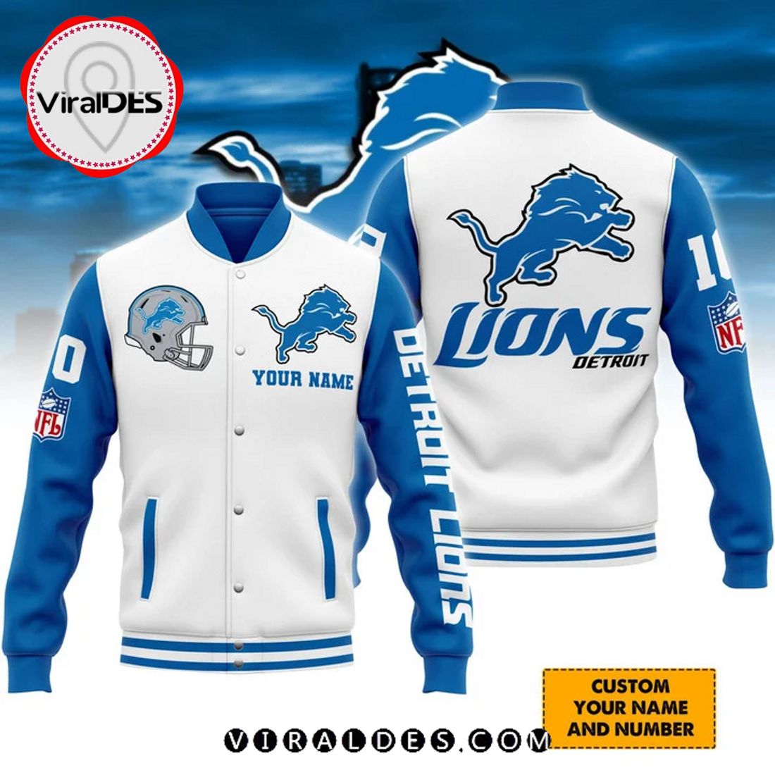 Custom Detroit Lions White Baseball Jacket LIMITED EDITION Custom Detroit Lions White Baseball Jacket LIMITED EDITION