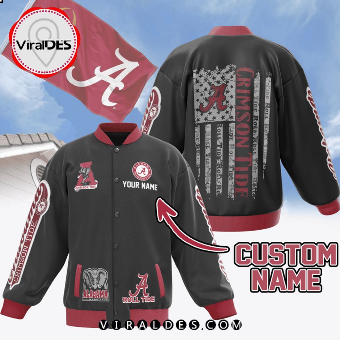 Custom Alabama Crimson Tide Roll Tide Black Baseball Jacket Custom Alabama Crimson Tide Roll Tide Black Baseball Jacket