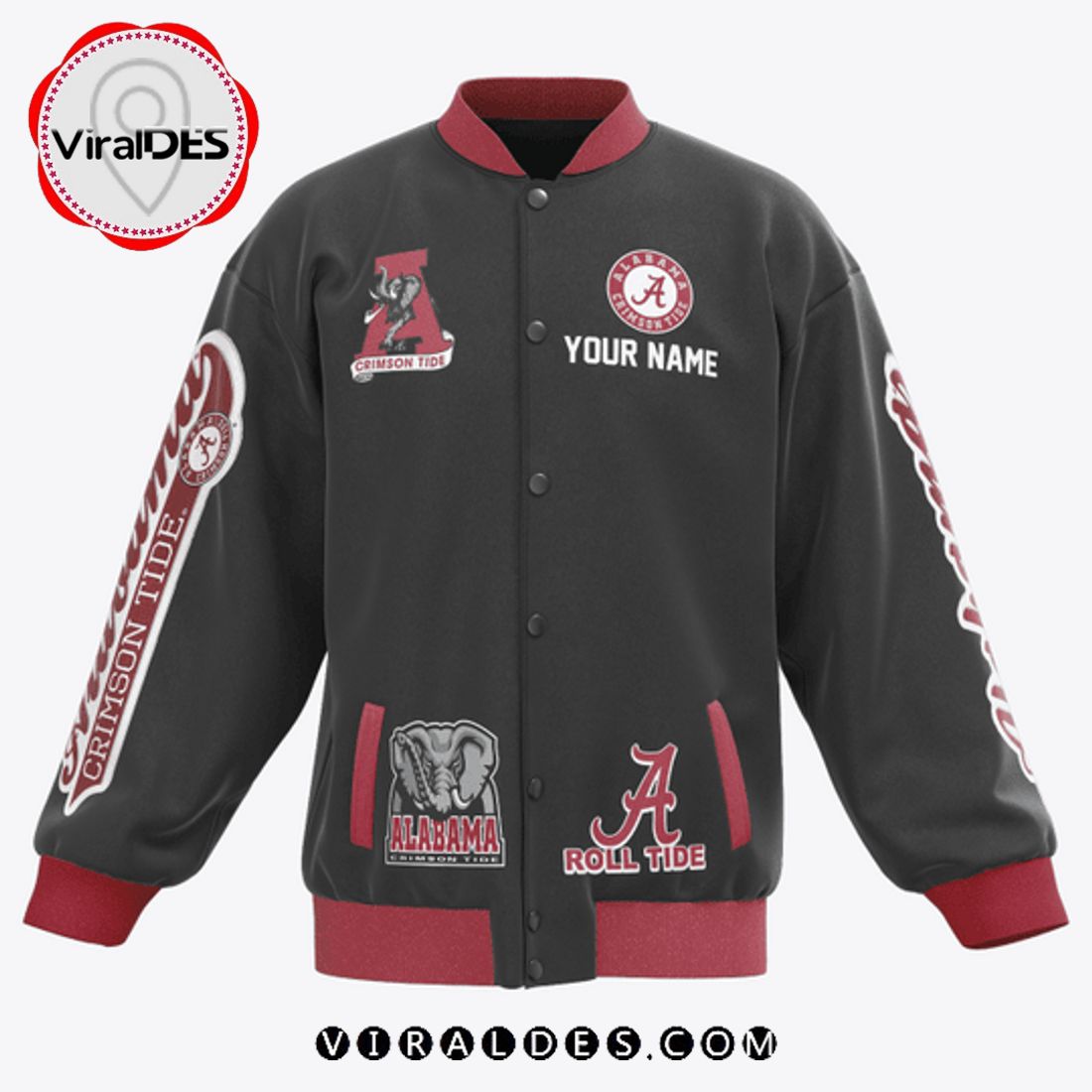 Custom Alabama Crimson Tide Roll Tide Black Baseball Jacket Custom Alabama Crimson Tide Roll Tide Black Baseball Jacket