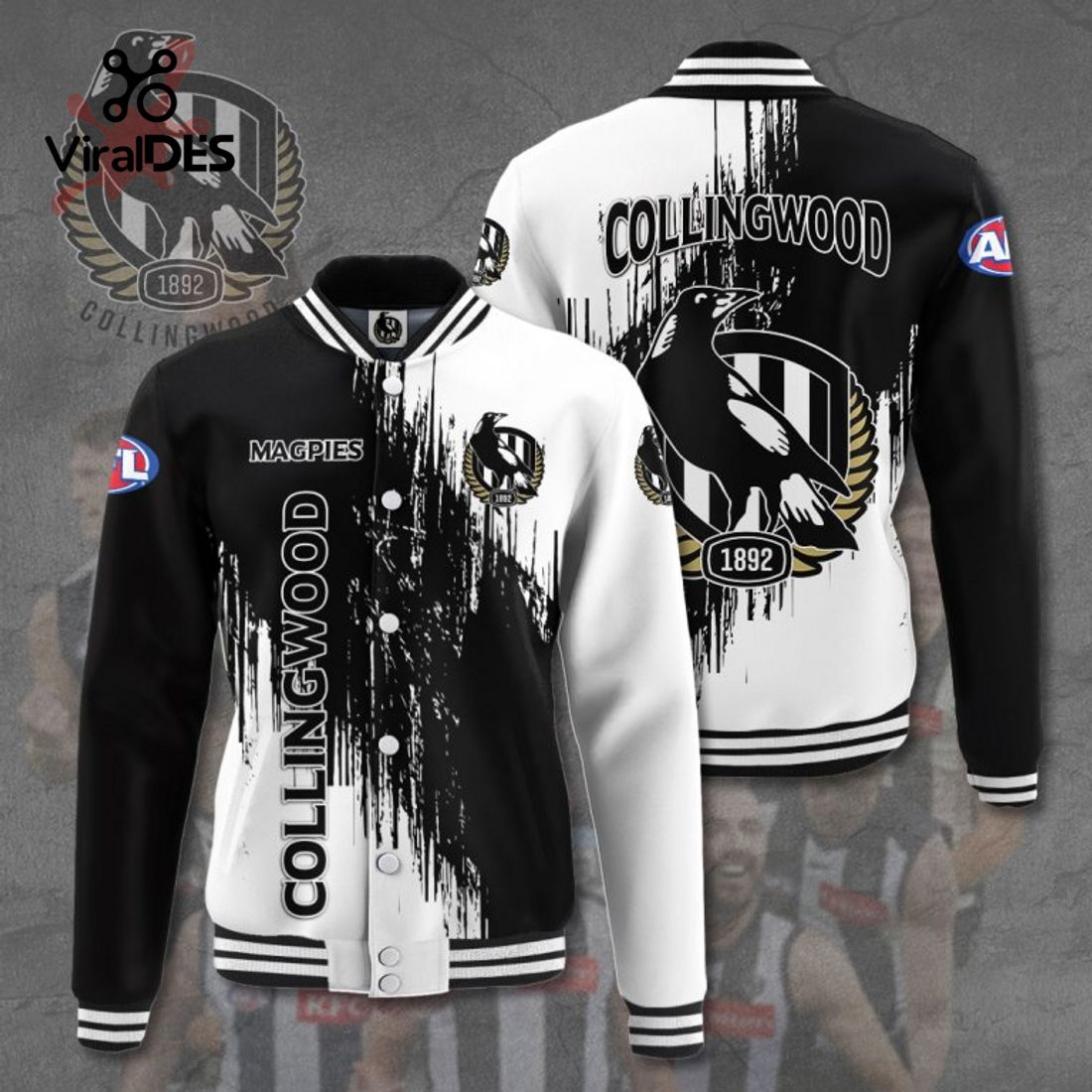 Collingwood FC Magpies 1892 Black Sport Jacket, Baseball Jacket Collingwood FC Magpies 1892 Black Sport Jacket, Baseball Jacket