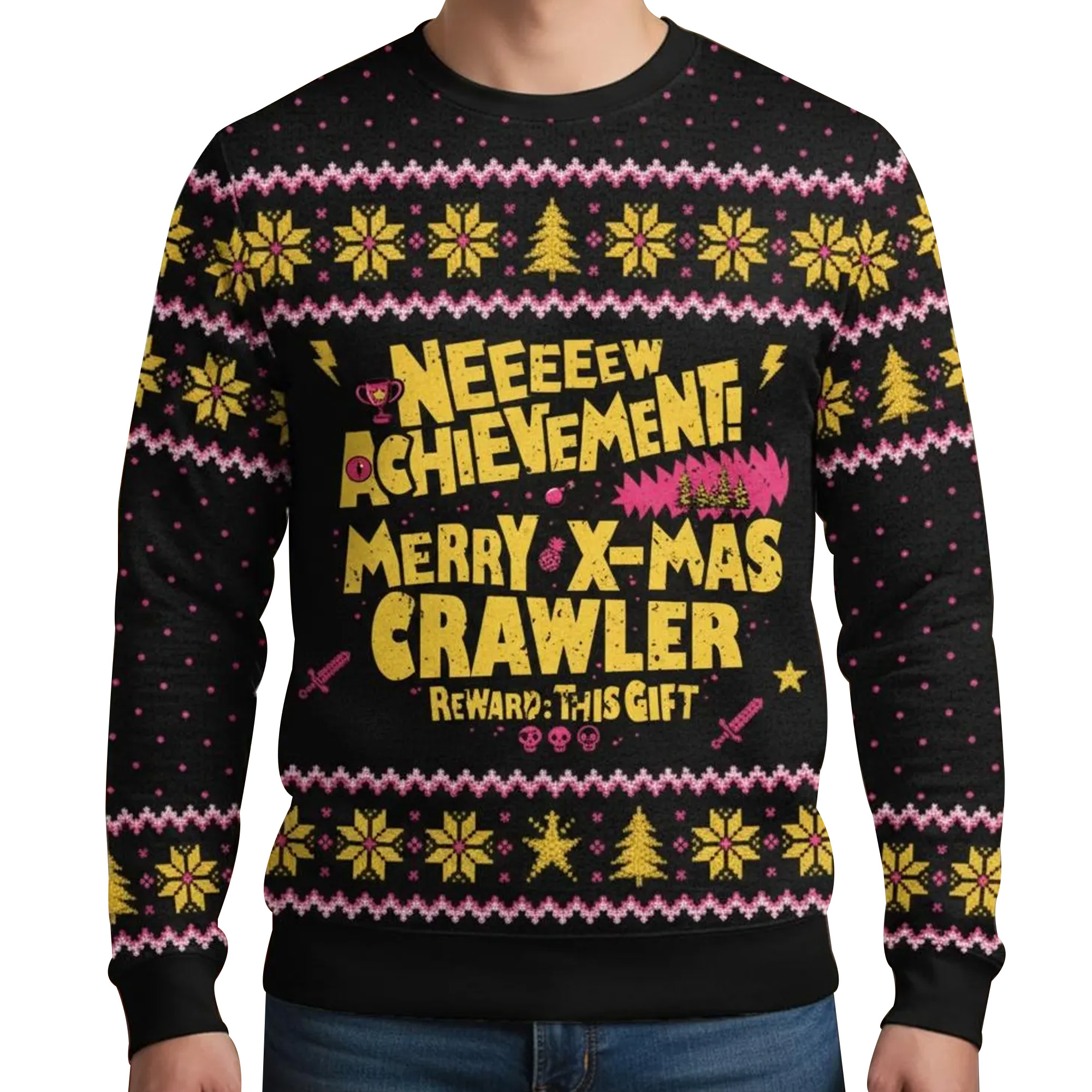 Neeeeew Achievement Merry X-mas Crawler Ugly Christmas Sweater Neeeeew Achievement Merry X-mas Crawler Ugly Christmas Sweater