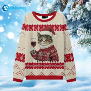 Cat Drinking Wine Ugly Christmas Sweater