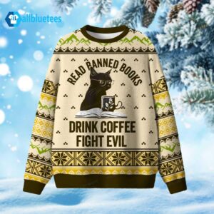 Black Cat Read Books Drink Coffee Fight Evil Christmas Ugly Sweater