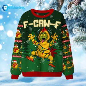 Funny Green Rooster F-Caw-F Ugly Christmas Sweater